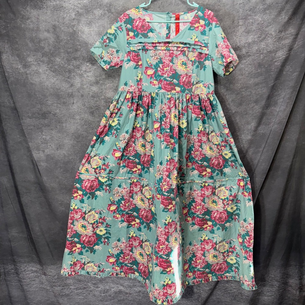 Ewa i Walla Flower Print on Teal Cotton Dress Size L Wired Skirt Bloomcore